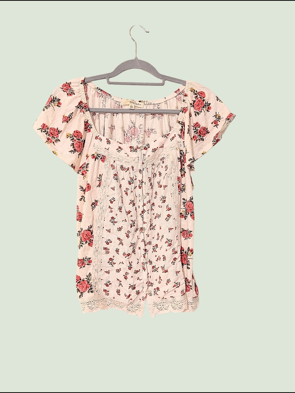 Rewind Cream Floral Scoop-Neck Blouse with Lace Trim